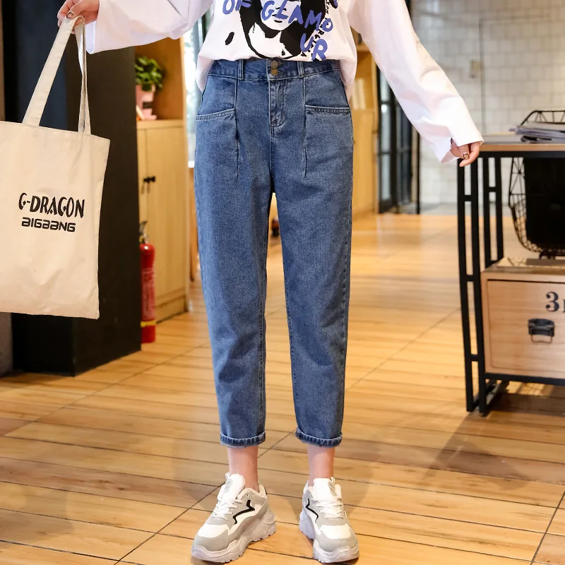 Винтажные однотонные джинсы больших размеров для женщин с высокой талией