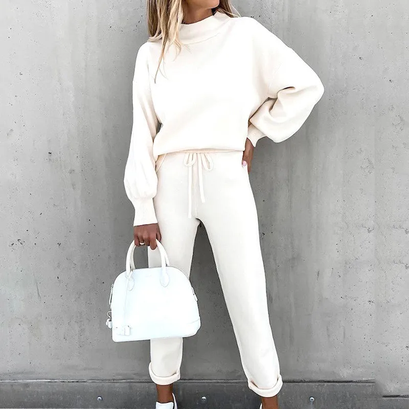 Women Solid Two Piece Sets Casual Long Sleeve Top High Waisted Bandage Pants Female Autumn Winter Plus Size Tracksuit Suit |