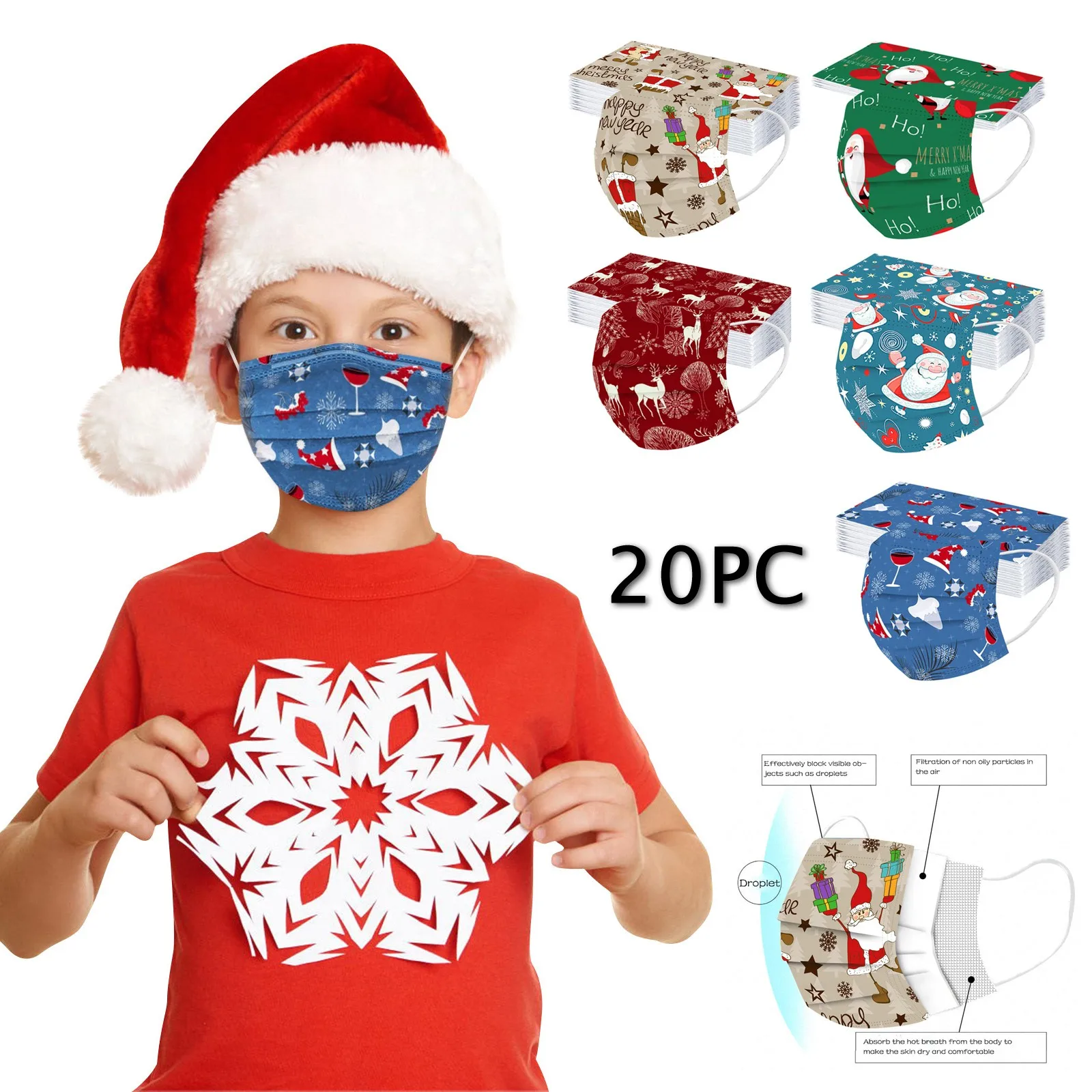 Детская Рождественская печатная одноразовая маска промышленная 3-слойная 20 шт.