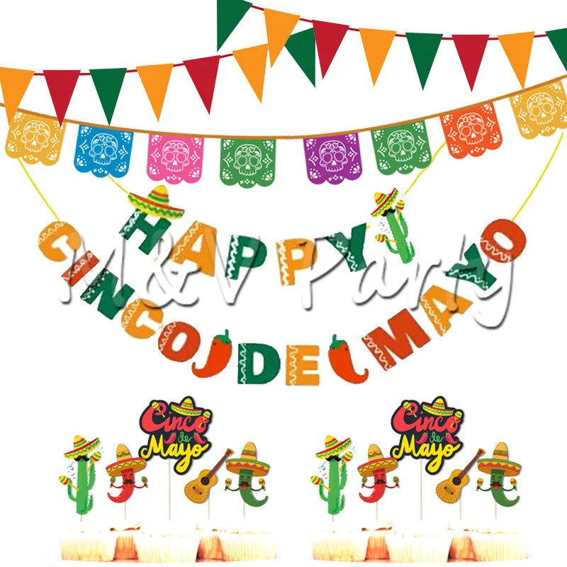Украшения для вечеринки в мексиканском стиле: вытягиваемые цветы, соломенная шляпа, перец-кактус, вставки для торта, флаги с надписью "May".