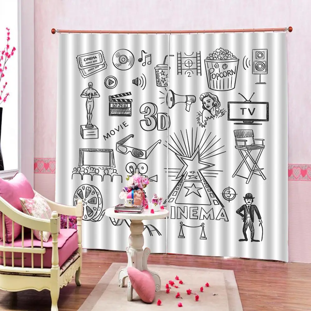 Sketch Drawing 3D Film Reels Clapperboard Tickets Popcorn and Megaphone TV Painting Window Curtain For Living Room Bedroom | Дом и сад