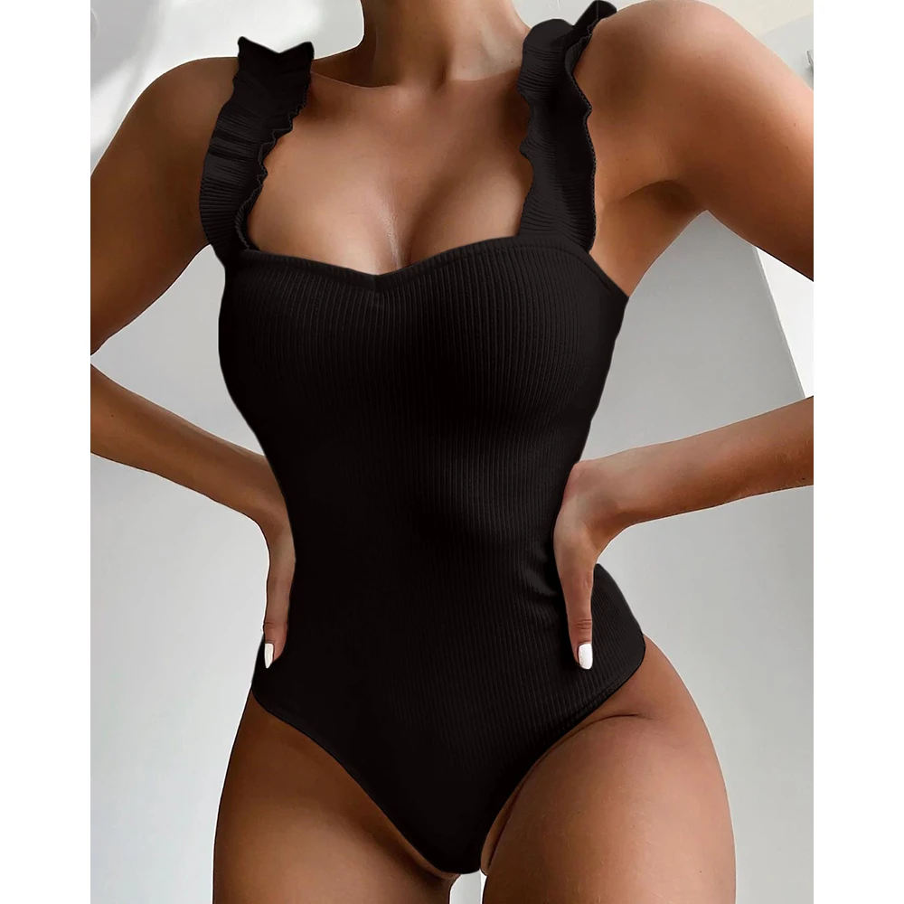 Vintage Swimsuit Women One Piece Ruffle Strap Swimwear Female Push Up Monokini Padded Beach Bathing Suits Black Bodysuits | Спорт и