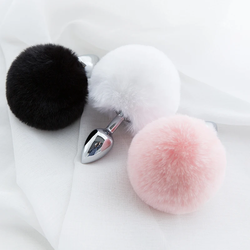 Психического из искусственного меха кролика хвост Анальная пробка Нержавеющая сталь массажер простаты