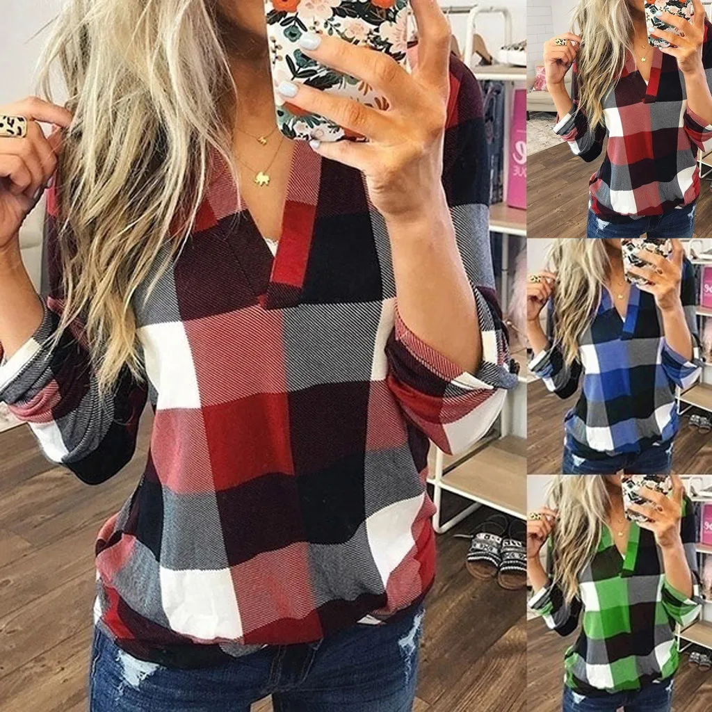 Женская рубашка в клетку со Размеры размера плюс с треугольным вырезом блузка