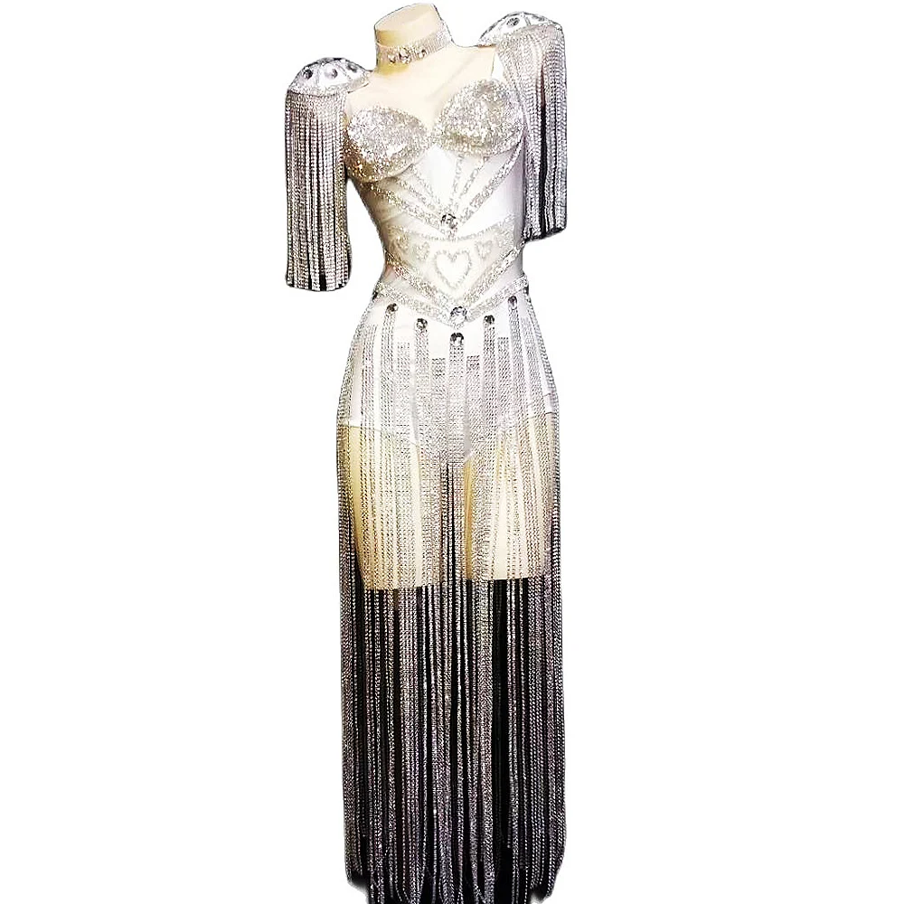 Блестящий Белый Женский костюм с кисточками и цепочкой женский эластичный