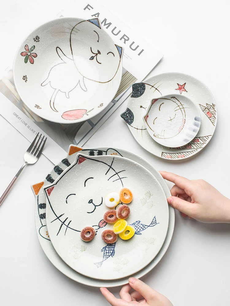 Керамическая тарелка и блюдо в японском стиле с изображением милого кота ручной