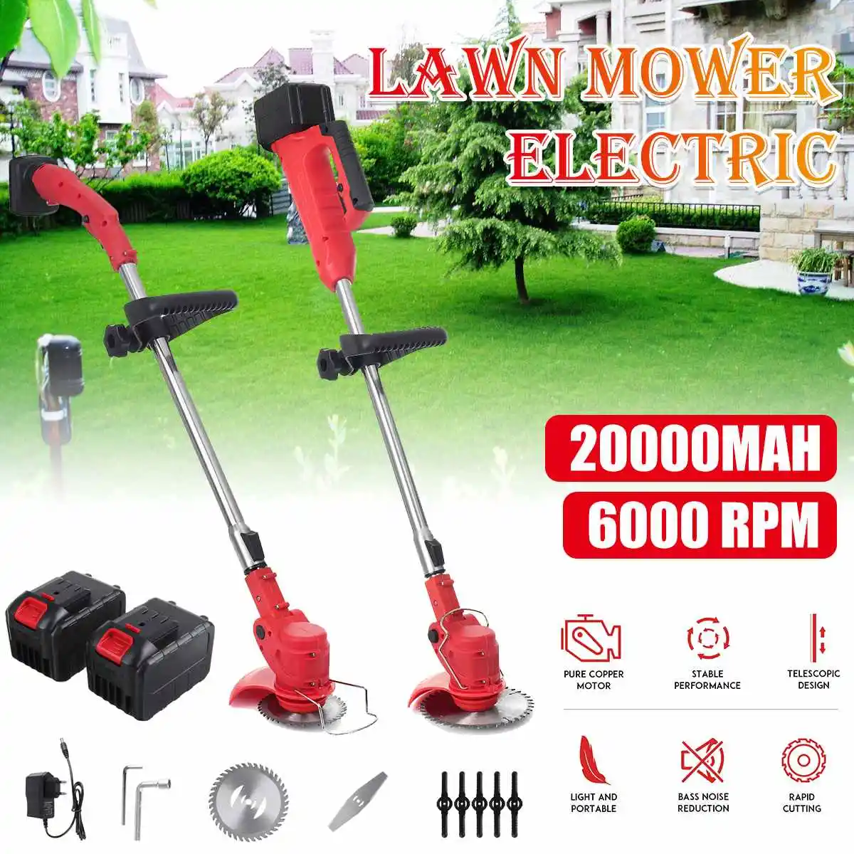3000W Cordless Grass Trimmer 42V Portable Electric Lawn Mower Brush Cutter Adjustable Mowing Machine Garden Tool with Battery |