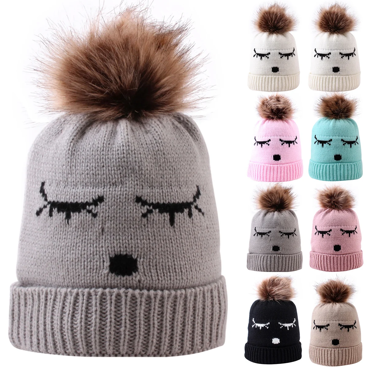 Cute Winter warm Baby Kids Crochet Knitted Hat Caps Children Girl Boy Wool Fur Bobble Ball Pompom Beanies Hats 0-3yrs | Детская одежда