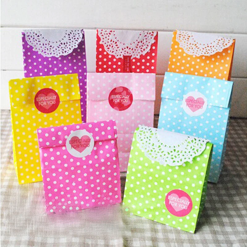 8pcs Clolrful Paper Bags Dots Treat Gift Wrapping Baked Goods Bag Stationery Envelope | Канцтовары для офиса и дома
