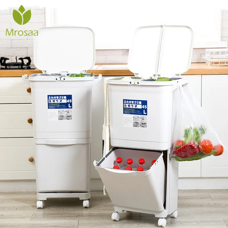 Kitchen Trash Can Recycle Bin Sorting Household Dry And Wet Separation Waste Classification Rubbish with wheel | Дом и сад