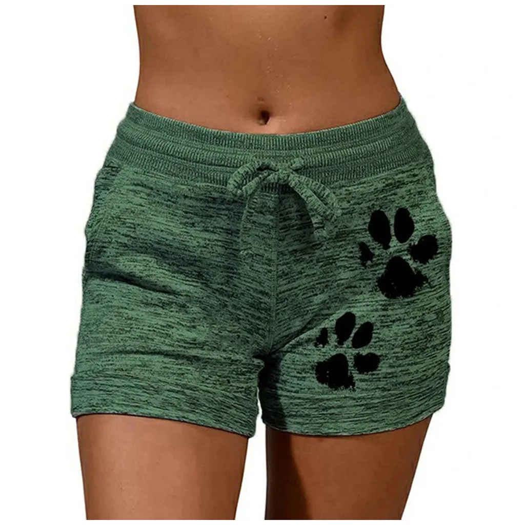 New Summer Fast Drying Drawstring cat paw print shorts Lace Up High Waist Elastic Cotton Short Women Beach Casual Sport Shorts | Женская