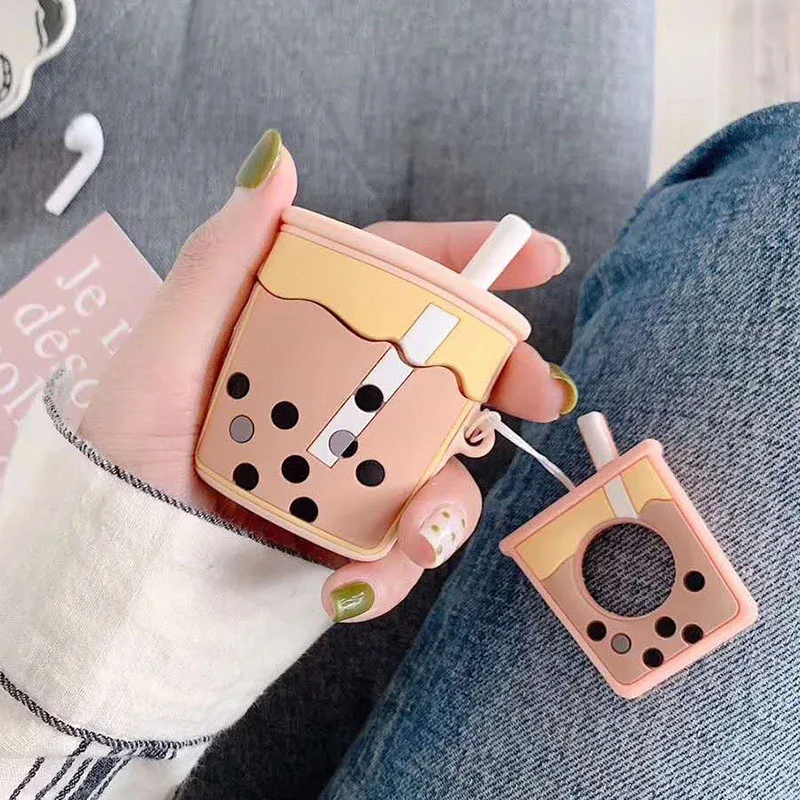 Silcone Case Cartoon Milk Tea Cup Silicone Protective Cover with Hook Clip for AirPods 1 2 LHB99 | Электроника