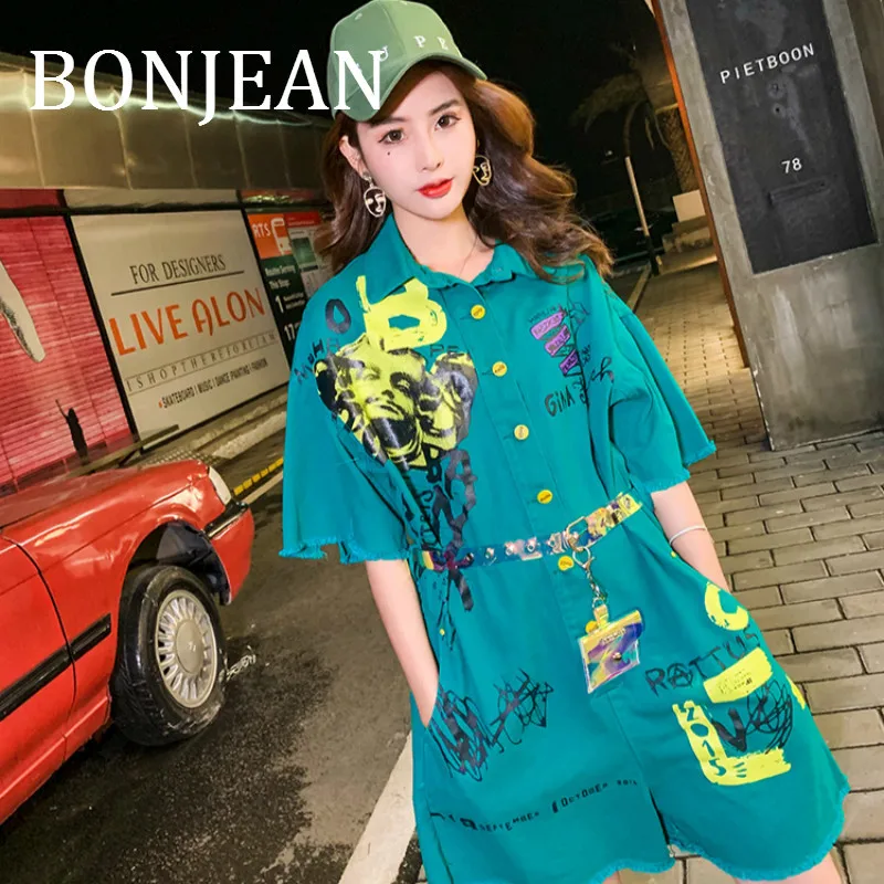 BONJEAN Print Playsuit for Women 2019 Summer Short Jumpsuits Sleeve Blue with Belt Loose Jeans BJ1207 | Женская одежда