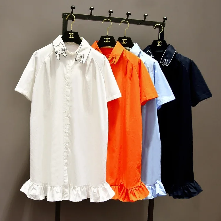 Cat Collar Cute Solid Shirt New Summer Short Sleeve Long Pure T-shirt Female Style Blusas Ruffle Blouse Camisas Mujer clothes |