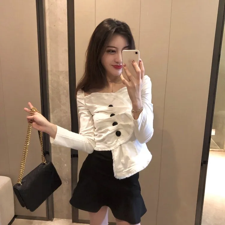 Women Vintage Frayed Edge Wrap Tops Spring Asymmetrical Short Blouses Square Collar Single Breasted White Shirts | Женская одежда