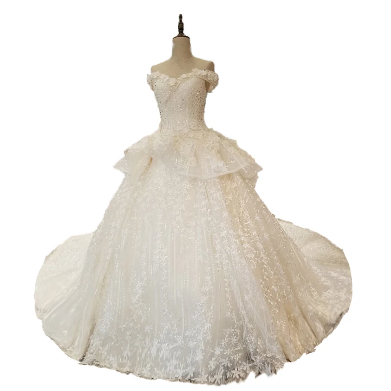 Off The Shoulder Champagne Lace Up Princess Wedding Dress Gelinlik 2018 Arabic Flowers Appliques Beading Bridal Gown | Свадьбы и