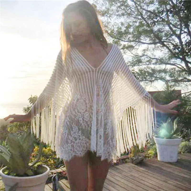 Women Summer Beach Mesh Bikini Cover Up Elegant Crochet tassels Beachwear hollow out Dress Playa Bathing Suit kaftan | Женская одежда