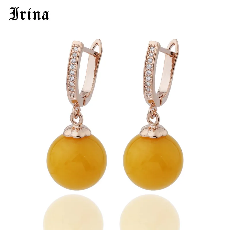 Irina 585 Round Simulated Beeswax Micro Wax Inlay Cubic Zirconia Dangle Earrings Rose Gold For Women Fashion Jewelry Eardrop | Украшения и