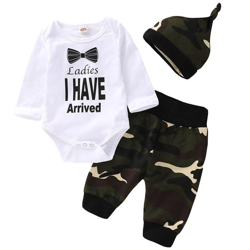 Fashion Baby Boy Kids Newborn Infant Clothes Sets Letter Bodysuits Carters Top Camo Full Pants Hats Spring 3Pcs Bebe Outfit |