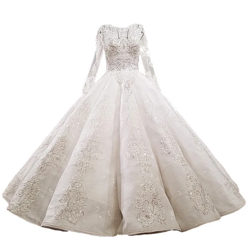 2018 Arabic Muslim Natural White Lace Scoop Bridal Gown Long Sleeves Floor-length Zipper Waves Ball Vintage Wedding Dresses | Свадьбы и