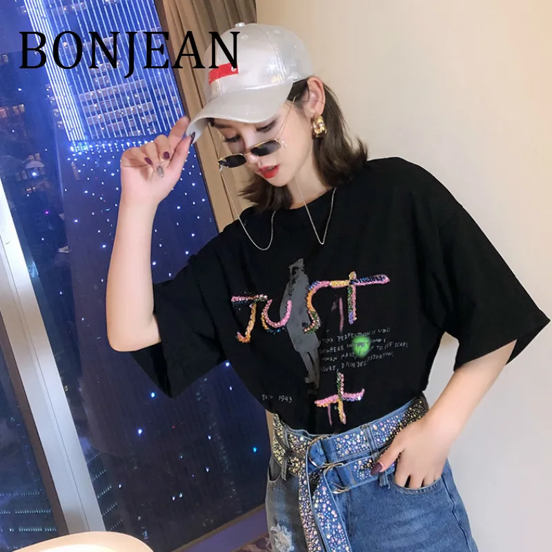 Женская Повседневная белая футболка BONJEAN &quotJust It&quot черная с коротким рукавом и