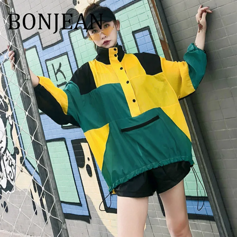 BONJEAN Patchwork Shirt for Women 2018 Autumn Tops &amp Tees Long Sleeve Sun-Protection Button Decoration Loose T BJ432 | Женская одежда