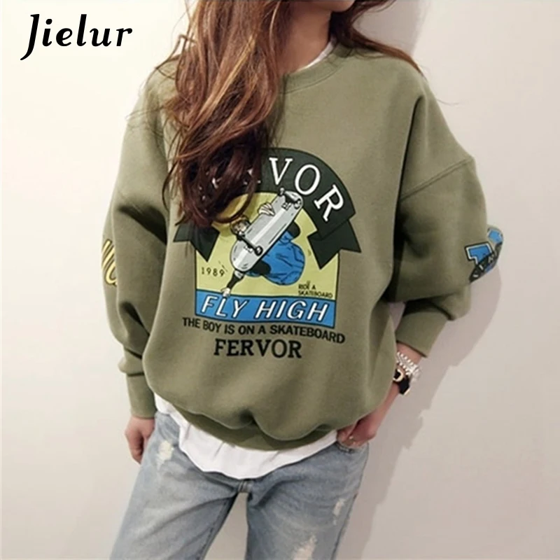2017 Winter Autumn New Harajuku Funny Cartoon Tracksuit for Women Pullover Fleece Hoodies Loose Female Sweatshirt Army Green 2XL | Женская