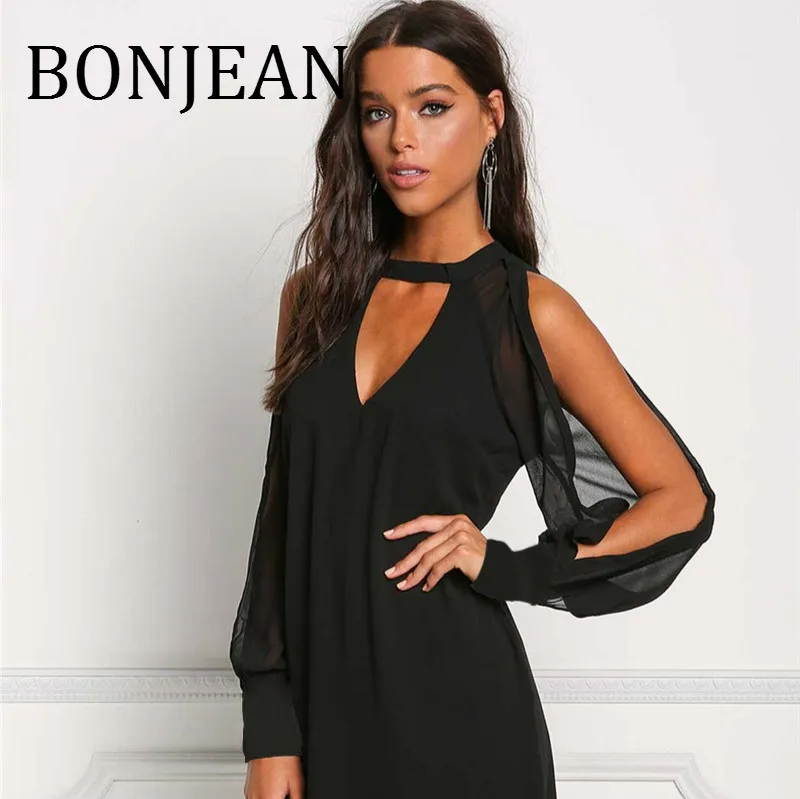 Женское шифоновое платье BONJEAN черное прямое с открытыми плечами и длинными