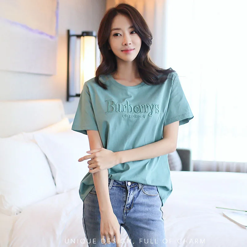 Женская футболка с буквенным принтом лето 2019 простая хлопковая Футболка