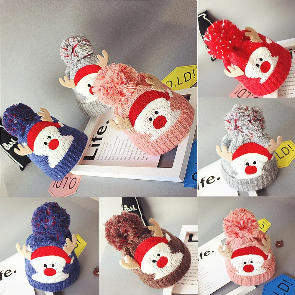 Puseky Infant Baby Hat Cute Pompon Cap Christmas Santa Claus Warm Plush Lined Knitted Bobble Beanie Caps Xmas Casual hats | Детская