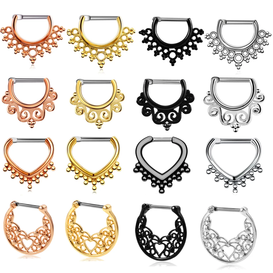 H-S 1PC Titanium Shaft Tribal Fan Indian Copper Hollow Septum Clicker Nose Ring Colorful Ear Cartilage Piercing Charming Jewelry | Украшения