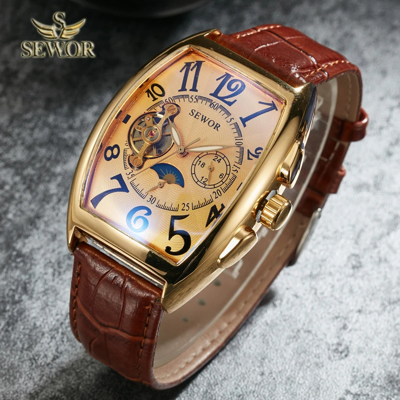 SEWOR Luxury Brand Fashion Colored Glass Mirror Tourbillion Mechanical Automatic Watch Men Military Sport Wrist Gift C343 | Наручные часы