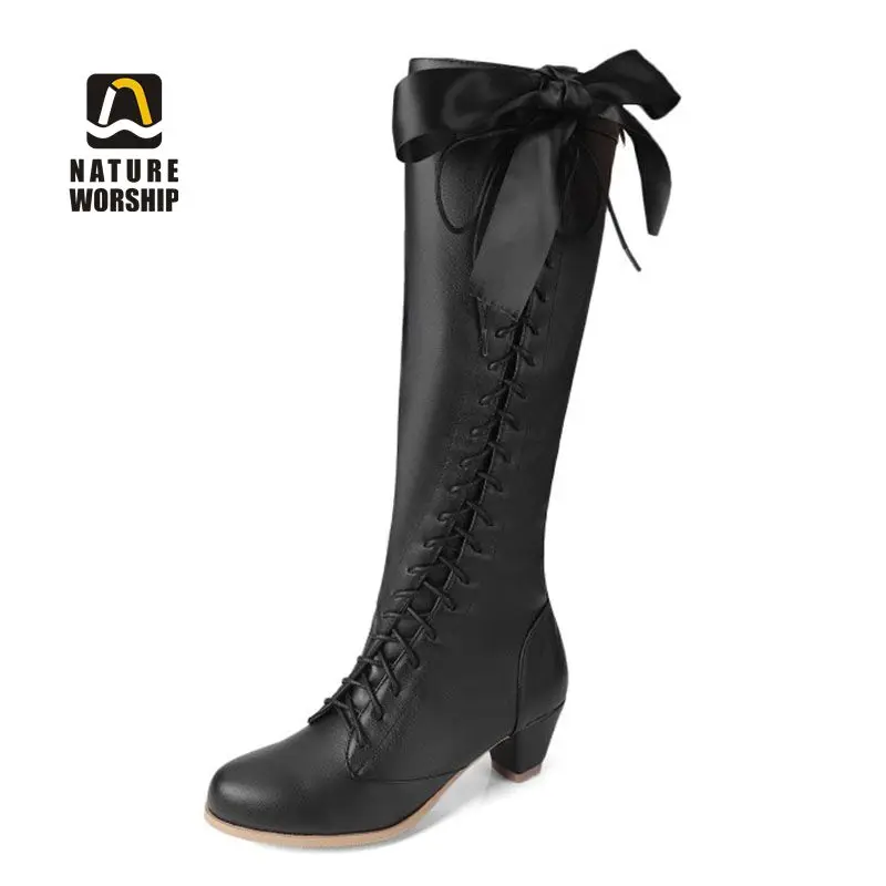 Зимние женские модные длинные сапоги до колена на среднем каблуке со шнуровкой и