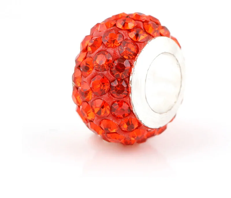 Red Orange Rhinestones Beads Copper Inner Round DIY Big Hole Metal Spacer Murano Bead Charm Fit For Charms Bracelet |