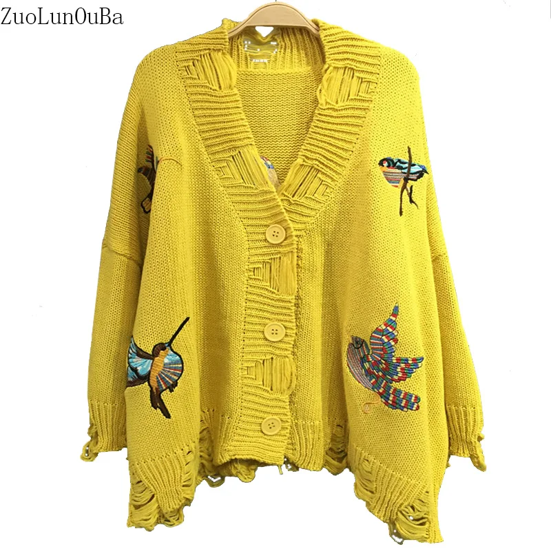 Female Knit Sweater 2018 Autumn Winter Korean Loose Yellow Birds Embroidered Cardigan Harajuku Long Sleeve Women |
