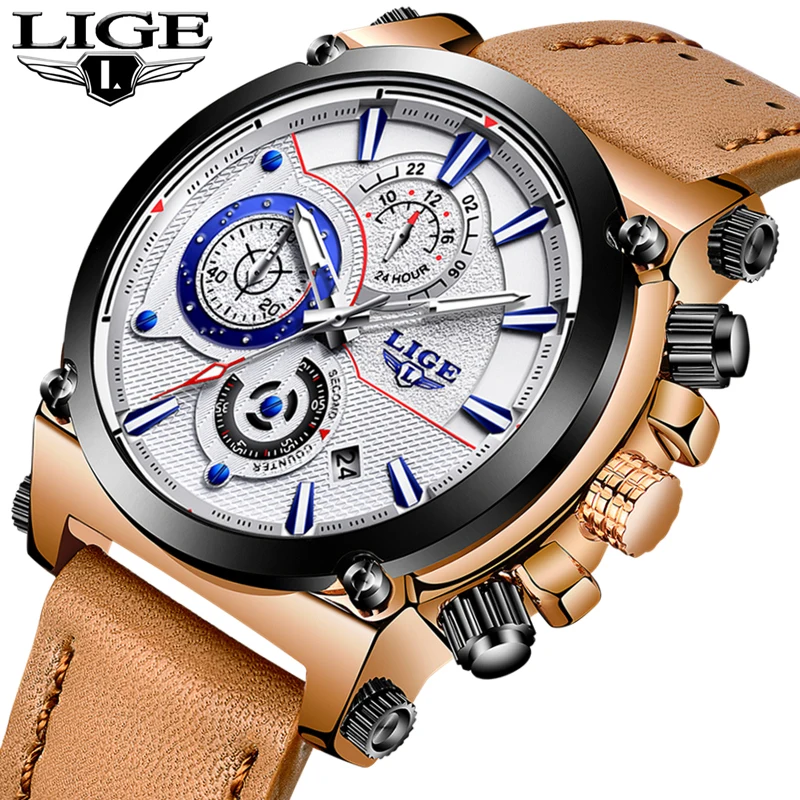 LIGE Mens Watches Top Brand Luxury Leather Quartz Watch Men's Military Sports Waterproof Clock Gold Relogio Masculino+Box | Наручные