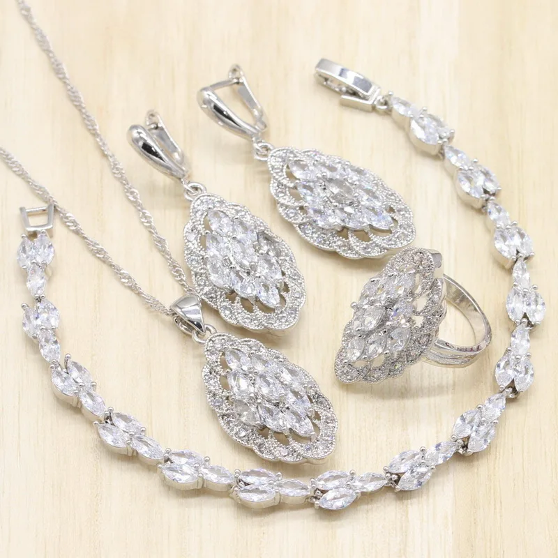 Silver Color Jewelry Sets Pure White Cubic Zircon Earrings/Pendant/Necklace/Ring for women Free Gift Box | Украшения и аксессуары
