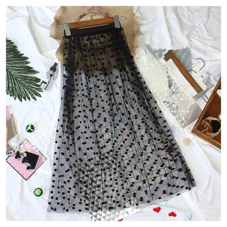 Fashion Women 2019 Summer High Waist Mesh Skirt Sexy Transparent Long Polka Dot Skirts Casual A-Line | Женская одежда