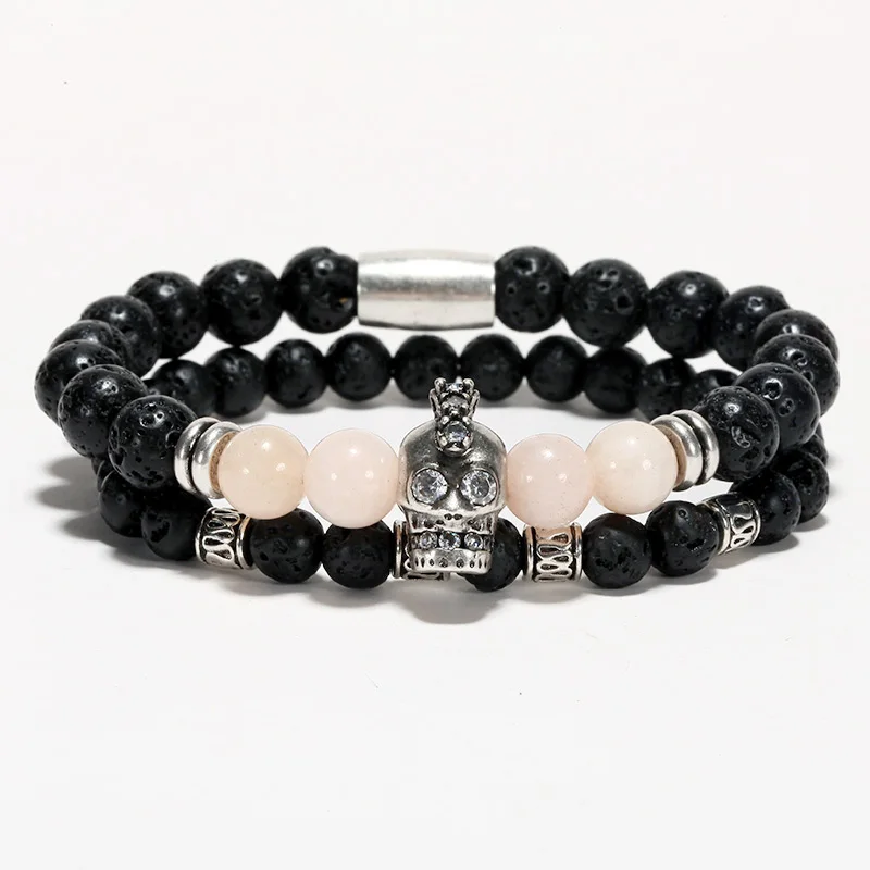 Мужской браслет/Каменные бусины/Лавовый камень/Нержавеющая сталь черепа/набор браслетов с веревочным браслетом ювелирные изделия мужские pulseras hombre.