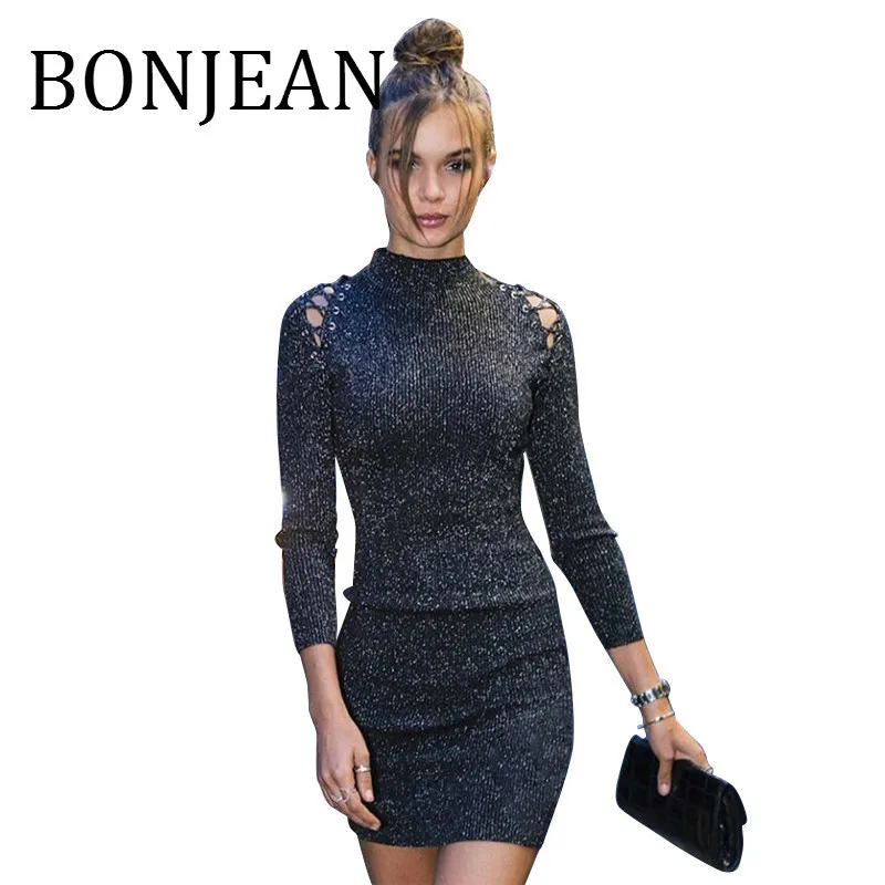 BONJEAN Off Shoulder Dresses for Women 2019 Robe Femme Turtleneck Autumn Mini Dress Long Sleeve Black Sheath BJ1434 | Женская одежда