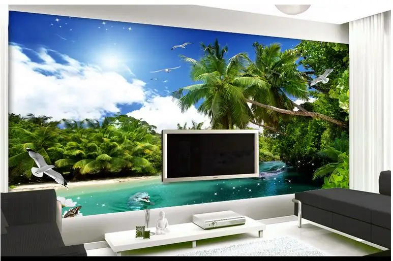 3d фото обои на заказ настенные фрески дельфин остров кокосовые деревья голубое