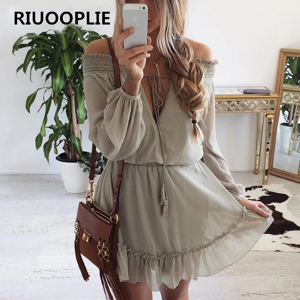 RIUOOPLIE пляжное летнее платье с открытыми плечами и длинным рукавом короткое