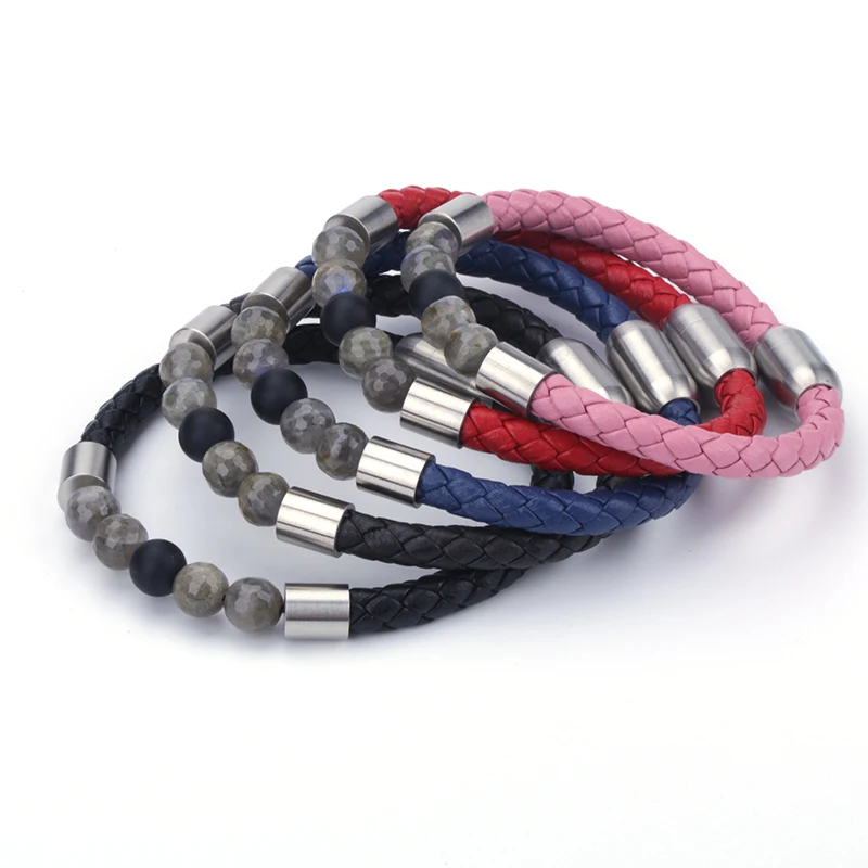 Natural Labradorite Beads Stainless Steel Charm Real Pink Black Navy Blue Dark Coffee Leather Magnet Wrap Unisex Bracelet Bangle | Украшения