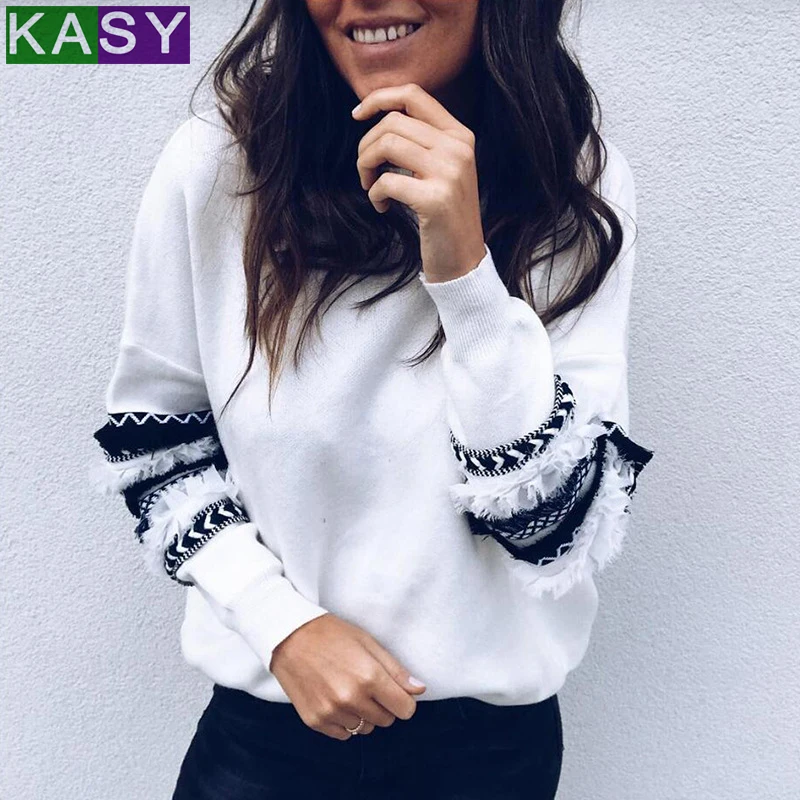 Для женщин Повседневное полосатый лоскутный свитер осень с длинным рукавом О