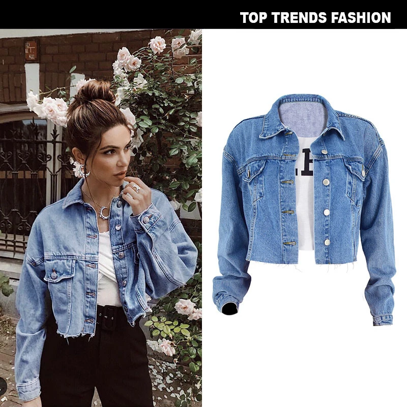 Женская укороченная джинсовая куртка Классическая Свободная с длинным рукавом