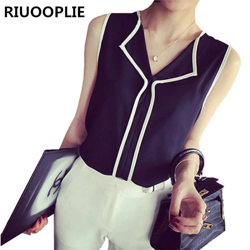 RIUOOPLIE Lady Casual Chiffon Shirts V-Neck Color Collision Sleeveless Work Wear Blouse |