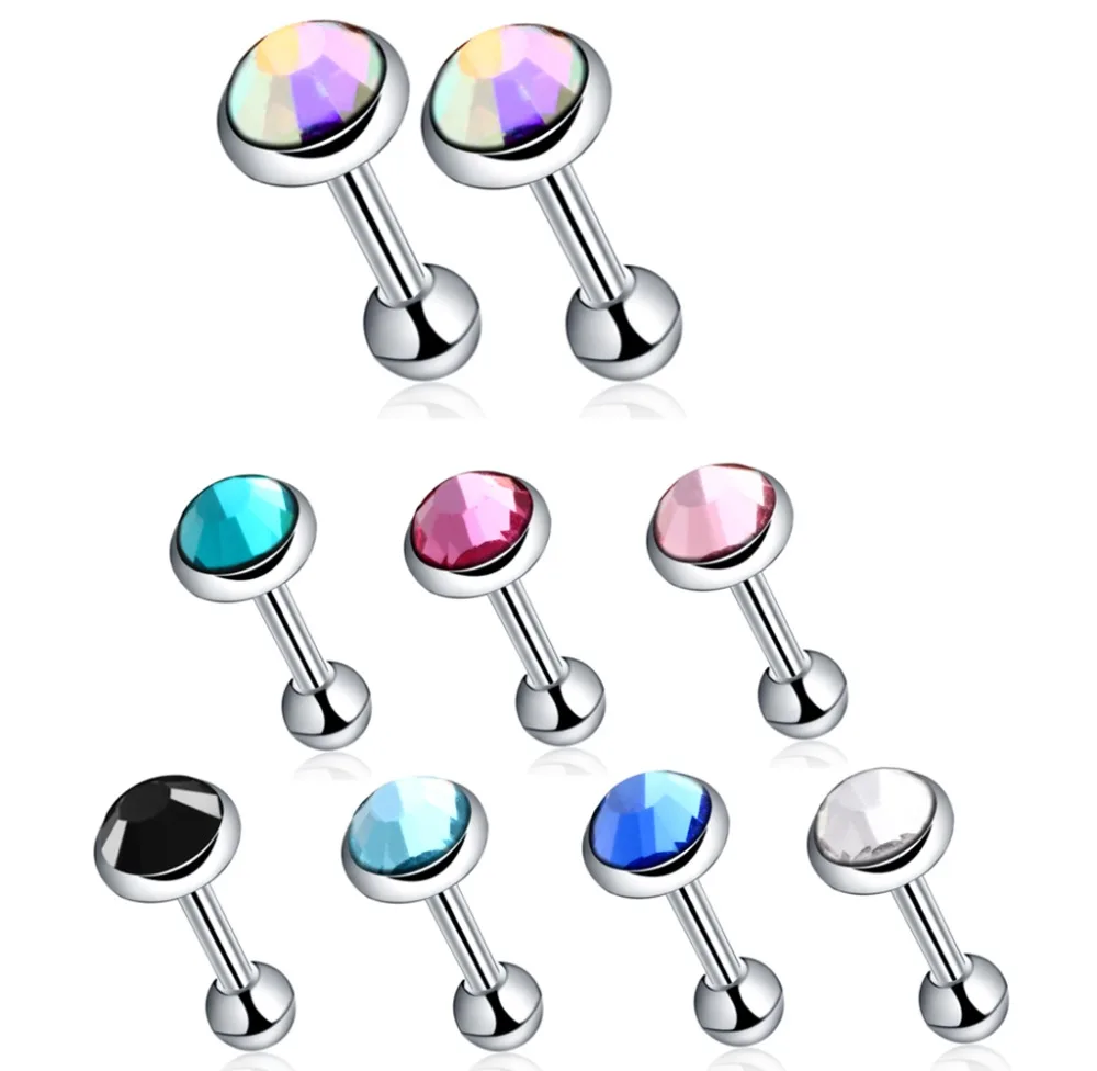 Lot 2Pcs 316l Surgical Steel Flat CZ Gem Ear Cartilage Tragus Hexli Piercing Lip Barbell Studs Earrings Jewelry 3mm&amp4mm&amp5mm |