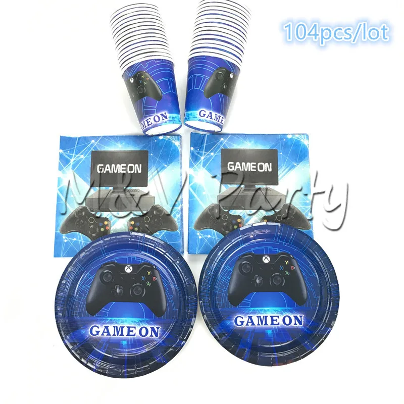 104 шт./партия вечерние одноразовые столовые приборы с голубой игровой тематикой