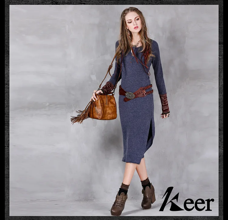 Оптовая продажа 2018 весенняя одежда с круглым вырезом вязаное длинное платье