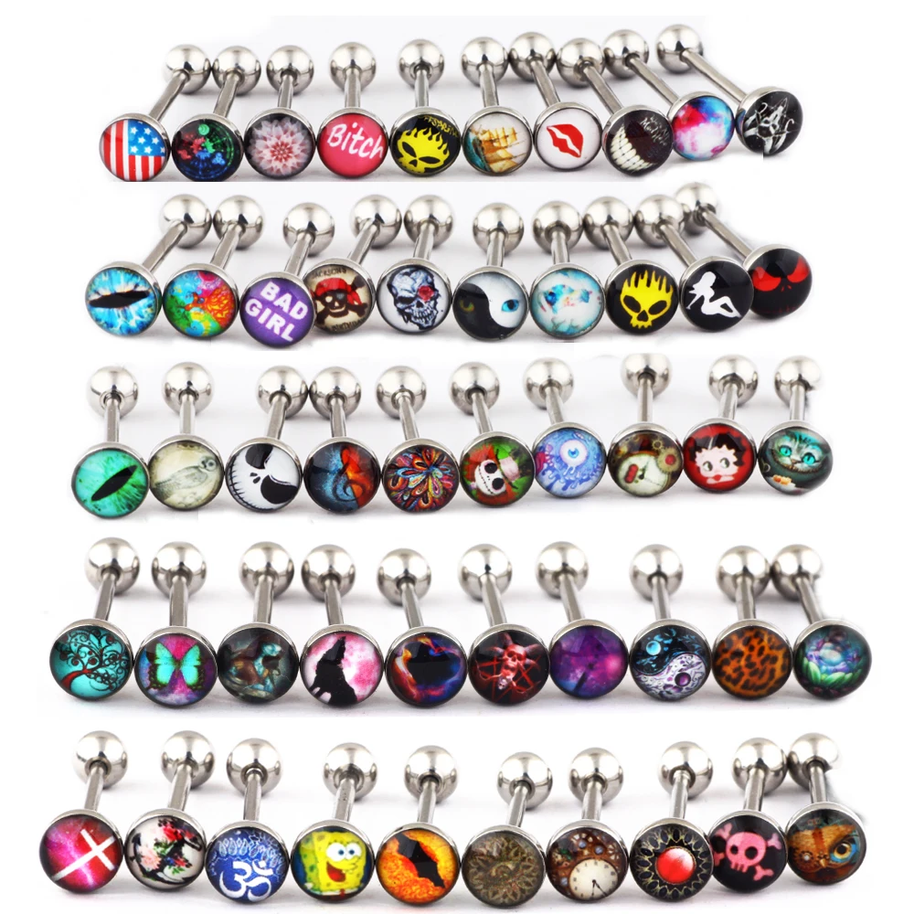JUNLOPWY Surgical Steel Metal Tongue Rings Traight Barbells Piercing Ear Bars Epoxy Logo Signs 14g Wholesale Body Jewelry 50pcs | Украшения